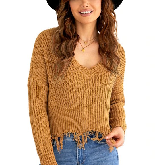 Shredded Sweater - Long Sleeve - V-Neck Lantern Sleeves - Distressed Look - Picture 11 of 11